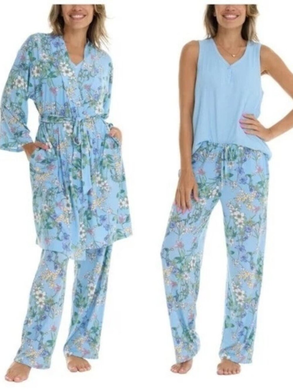 NEW Flora Nikrooz 3 Pc Pajama Set Robe Tank Pants NWT XL Blue Floral